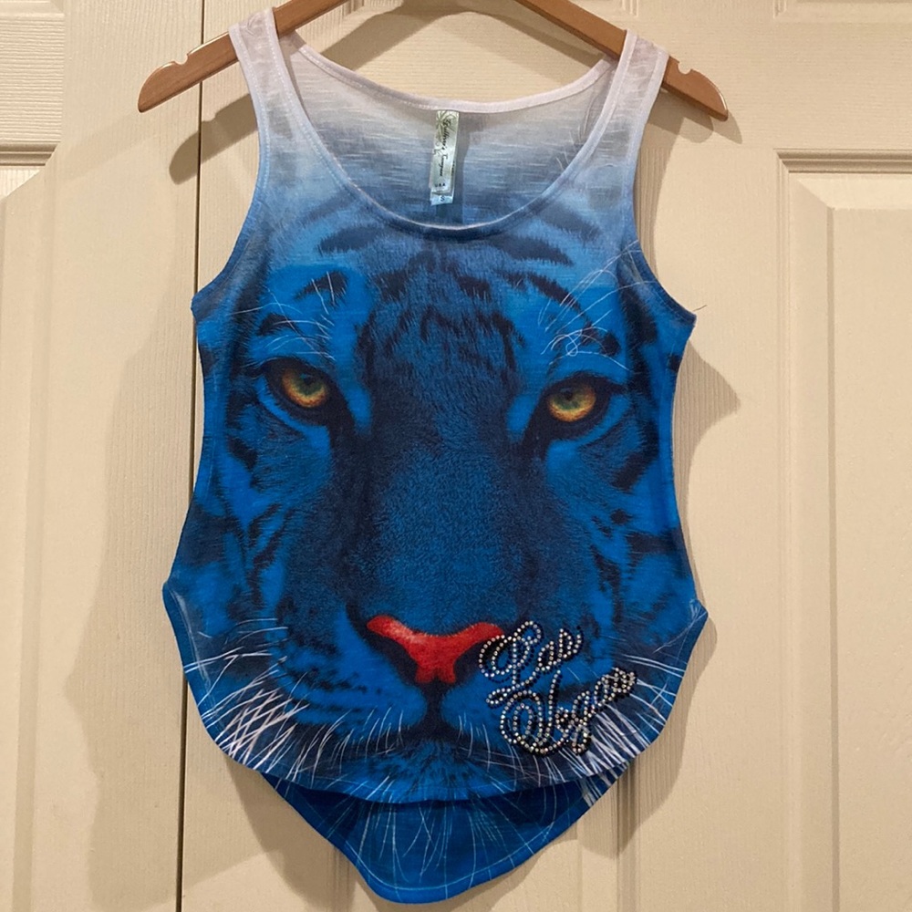 Las Vegas rhinestone and tiger print tank, Sz S
